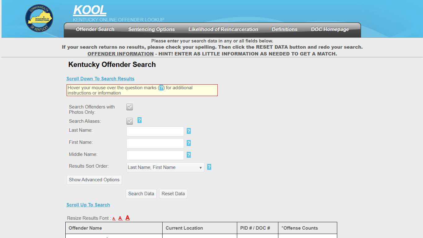 Kentucky Offender Search - Kentucky Department of Corrections - Offender Online Lookup System