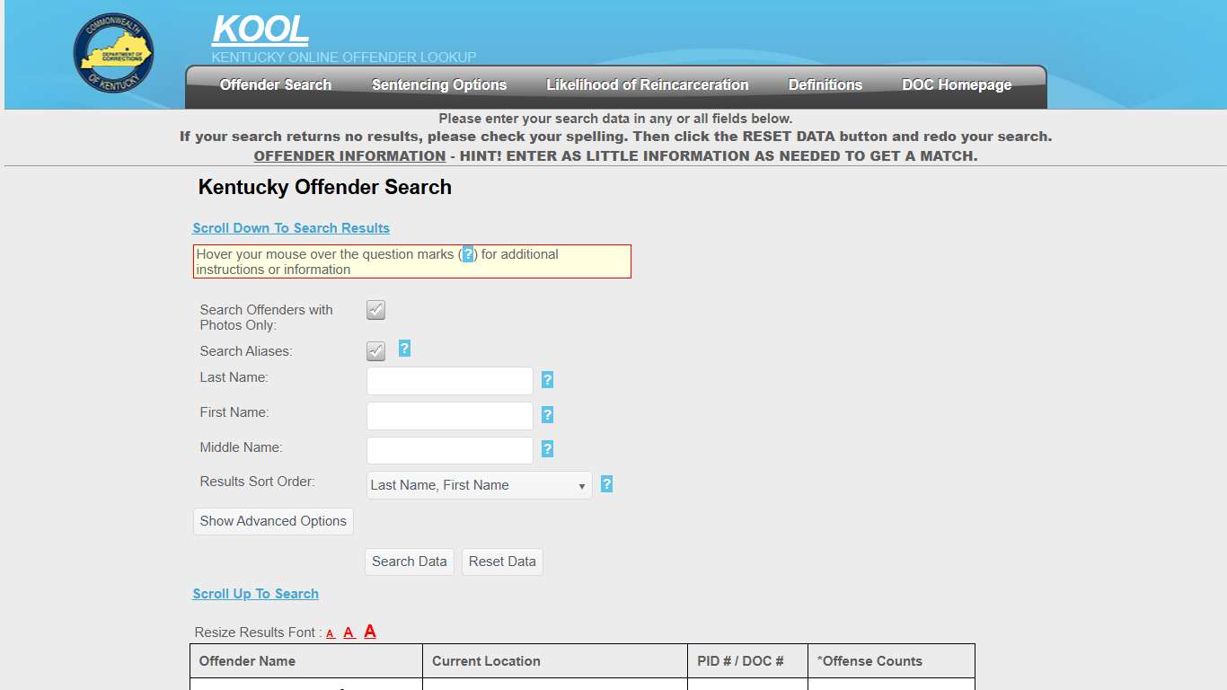 Kentucky Offender Search - Kentucky Department of Corrections - Offender Online Lookup System