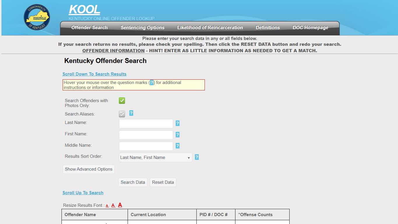 Kentucky Offender Search - Kentucky Department of Corrections - Offender Online Lookup System